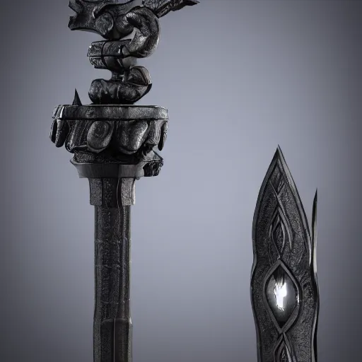 Image similar to a black sword skull handle, ornament, weapon, a 3 d render by dom qwek, studio lighting, front side view, trending on polycount, hard surface modeling, rendered in maya, 3 ds max, blender, artstation hd, vray