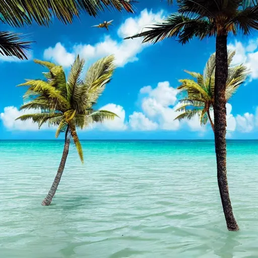 Image similar to twisted palm trees, detached trunks floating floating floating in blue sky, random positions floating, flying