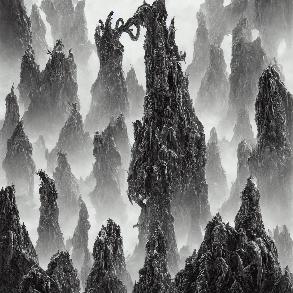 Image similar to the lovecraftian alien city of leng, cyclopean towers and vast hovering stone sculptures of chtulhu cephalopods in the mountains of antarctica, upward cinematic angle, by rodney matthews, p. craig russell and michael kaluta, psychedelic atmosphere, heavy winter aesthetics, stunning composition, alien faces, monstrous animal statues, intricate, strange, elegant, digital art, hyperdetailed, colorful hyperrealism, brilliant photorealism, horror, masterpiece, 8k