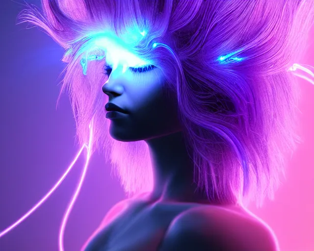 Image similar to glowing hair, complex cybernetic beings, beautiful hairy humanoids, cybermagnetosphere, cybernetic civilizations, ornate hair, love, joy, vortexes, large arrays, data holograms, 8 k, cinematic light shadows, wet hdr refractions, *, * * *, * * * * *