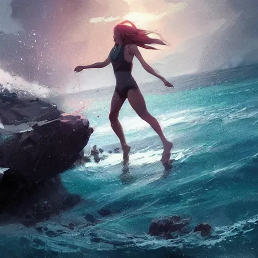 Image similar to a girl falling into ocean art shot, galaxy, artstation, by greg rutkowski,