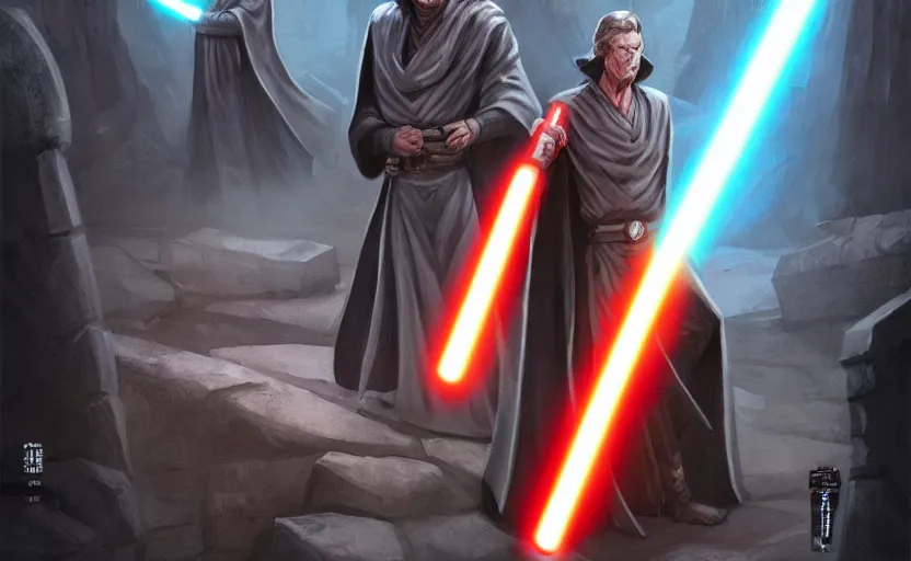 Image similar to epic portrait of a robed Jedi and Sith standing back to back, lightsabers in hand, ancient High Republic stone temple environment, high contrast, 8k clean fantasy comic book cover illustration