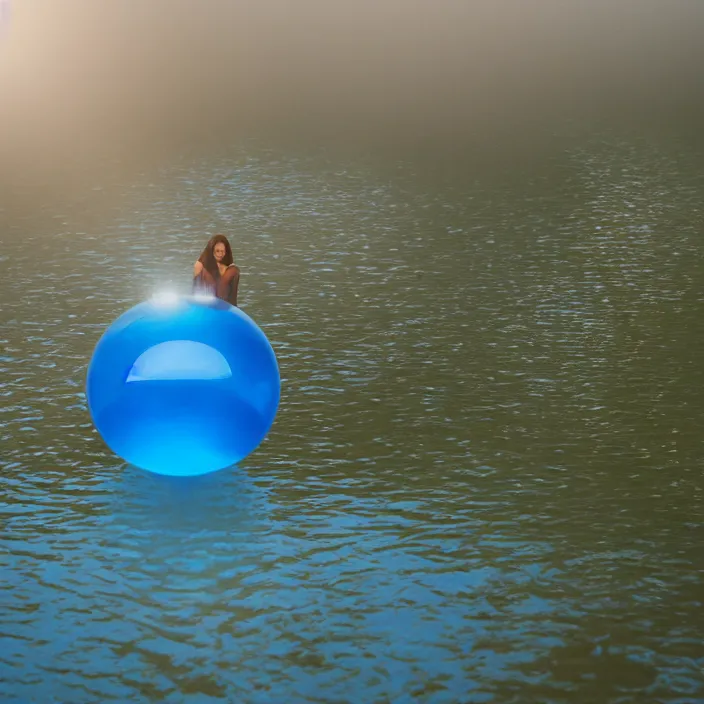 Prompt: a closeup portrait of a woman wrapped in plastic, standing next to a levitating blue sapphire orb, in a foggy pond, golden hour, dusk, color photograph, by vincent desiderio, canon eos c 3 0 0, ƒ 1. 8, 3 5 mm, 8 k, medium - format print