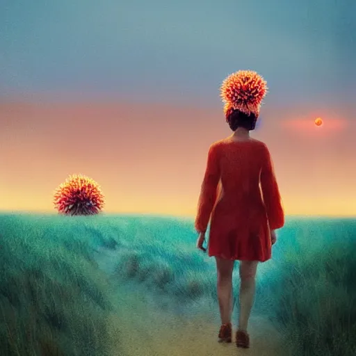 Image similar to portrait, giant dahlia flower head, girl walking between dunes, surreal photography, sunrise, blue sky, dramatic light, impressionist painting, digital painting, artstation, simon stalenhag