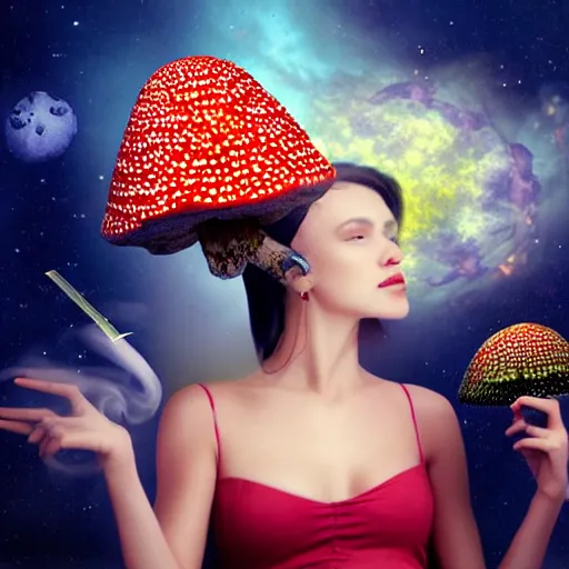 Image similar to beautiful woman smoking weed with amanita muscaria, hyperreal, ethereal, realistic, extremely detailed, space background