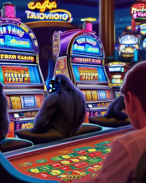 Image similar to highly detailed vfx portrait of 3 gorillas playing slot machines in a casino gambling, photorealistic, airbrushed, unreal engine, greg rutkowski, loish, rhads, beeple, makoto shinkai and lois van baarle, ilya kuvshinov, rossdraws, tom bagshaw, alphonse mucha, global illumination, detailed and intricate environment