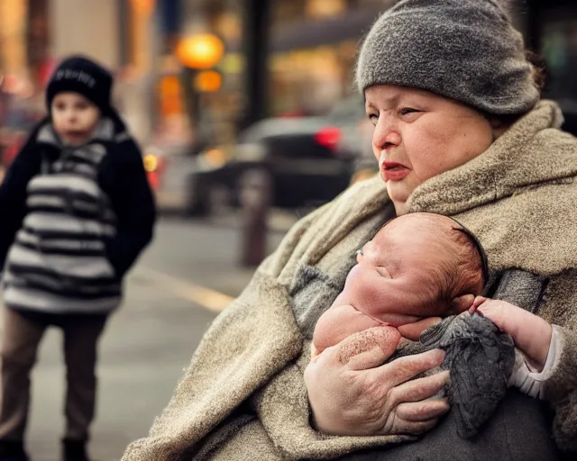 Image similar to there's an infant clinging to his overweight mother in the cold as they go to shop for cigarettes, portra 4 0 0 candid photograph portrait by annie leibovitz, humans of new york, 3 5 mm macro shot, f / 3 2, hyperrealistic, cinematic lighting, hd wallpaper, 8 k, 4 k