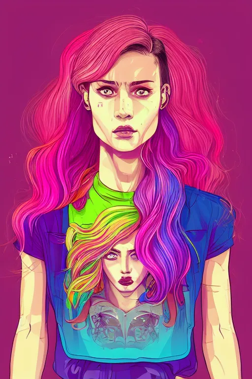 Image similar to a award winning half body portrait of a beautiful woman with stunning eyes in a printed croptop and cargo pants with rainbow colored ombre hairstyle head in motion and hair flying by josan gonzales, outrun, vaporware, shaded flat illustration, digital art, trending on artstation, highly detailed, fine detail, intricate