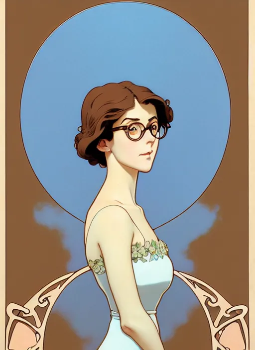 Prompt: art nouveau portrait of a woman with short brown hair, light blue eyes, thick rim glasses, sad expression, scared, head down, shy and demure, natural lighting, path traced, highly detailed, high quality, cartoon, digital painting, by don bluth and ross tran and studio ghibli and alphonse mucha