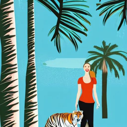 Image similar to woman walking with backdrop showing the sky, palm trees. the tiger has sharp claws and teeth. in minimal colourful geometric illustration style digital painting