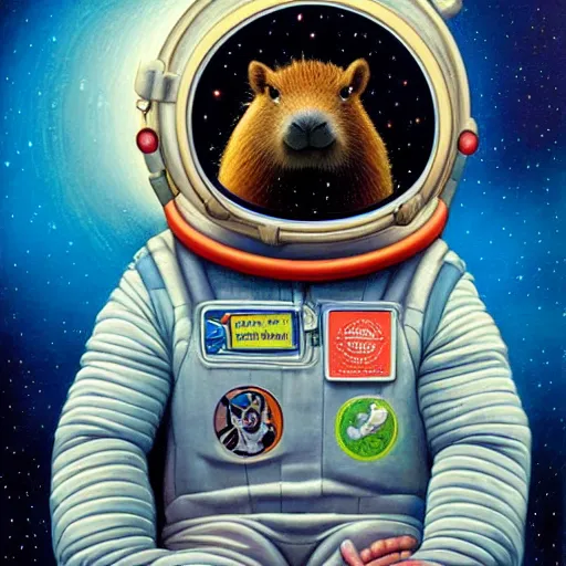 Image similar to beautiful detailed and adorable portrait of a capybara astronaut in a spacesuit by casey weldon by mark ryden by thomas blackshear, super cute, new contemporary, pop surrealism, oil painting