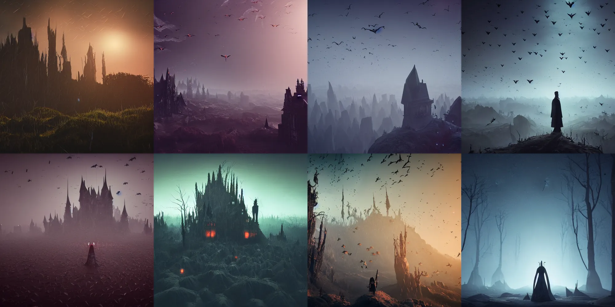 Prompt: beautiful dark landscape, dracula surrounded by millions of bats, in the style of beeple and Mike Winkelmann, photo real, ultra realistic, intricate, epic lighting, 8k resolution, unreal engine 5,