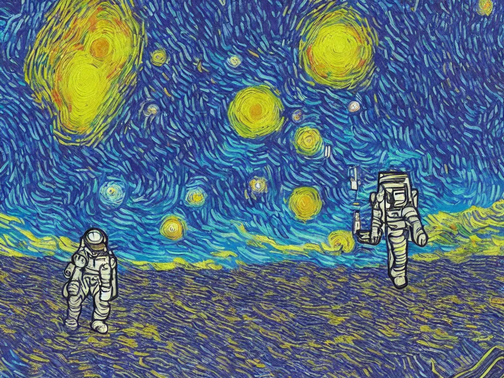 Image similar to bright beautiful oil painting of astronaut lands on a tropical candy planet, light scatter, van gogh