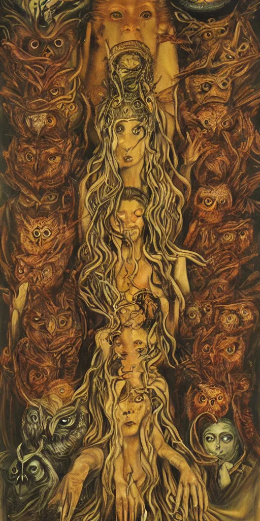 Prompt: a painting of owls singing nightmares with astarte in the middle, by saturno butto, by austin osman spare, detailed oil painting, baroque, symmetrical composition