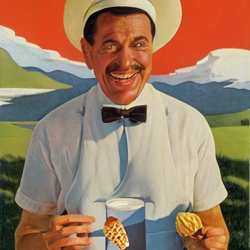 Prompt: ice cream man holding an ice cream scoop up, wearing a white hat, smiling cheerfully, chesley bonestell, vincent di fate