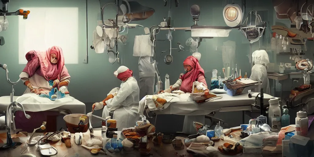 Image similar to an environmental concept art of a babushka surgeon in a cluttered surgery, surgical impliments, surgery table, highly detailed, cinematic, dramatic