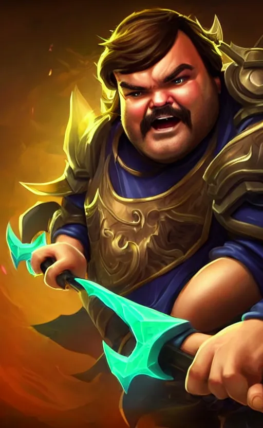 Image similar to Jack Black as a character in the game League of Legends, with a background based on the game League of Legends, detailed face, old 3d graphics