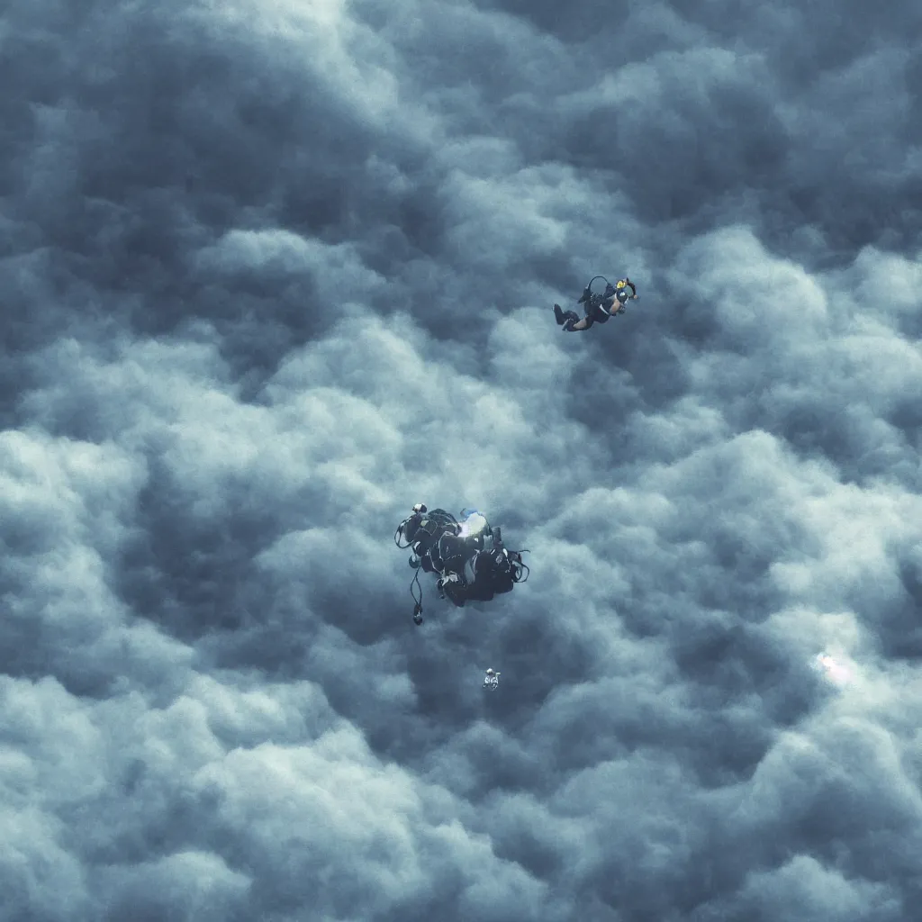 Image similar to a scubadiver floating above the clouds, closeup, digital illustration