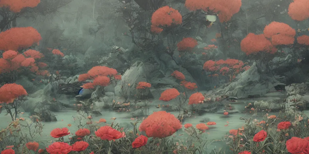 Image similar to landscape painting by james jean, redshift, octane