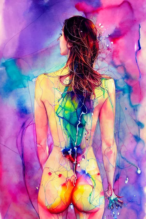 Prompt: sophia vergara by agnes cecile enki bilal moebius, intricated details, 3 / 4 back view, bendover posture, full body portrait, extremely luminous bright design, pastel colours, drips, autumn lights