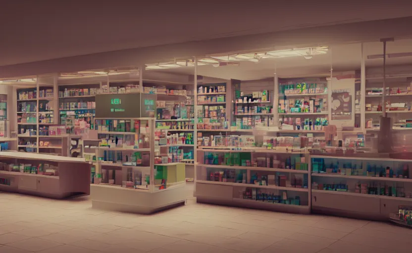 Prompt: drugstore, octane render, artstation trending, highly detailded