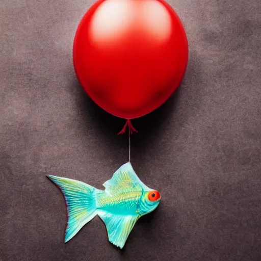 Image similar to a fish floating away from the sea tied to a ballon