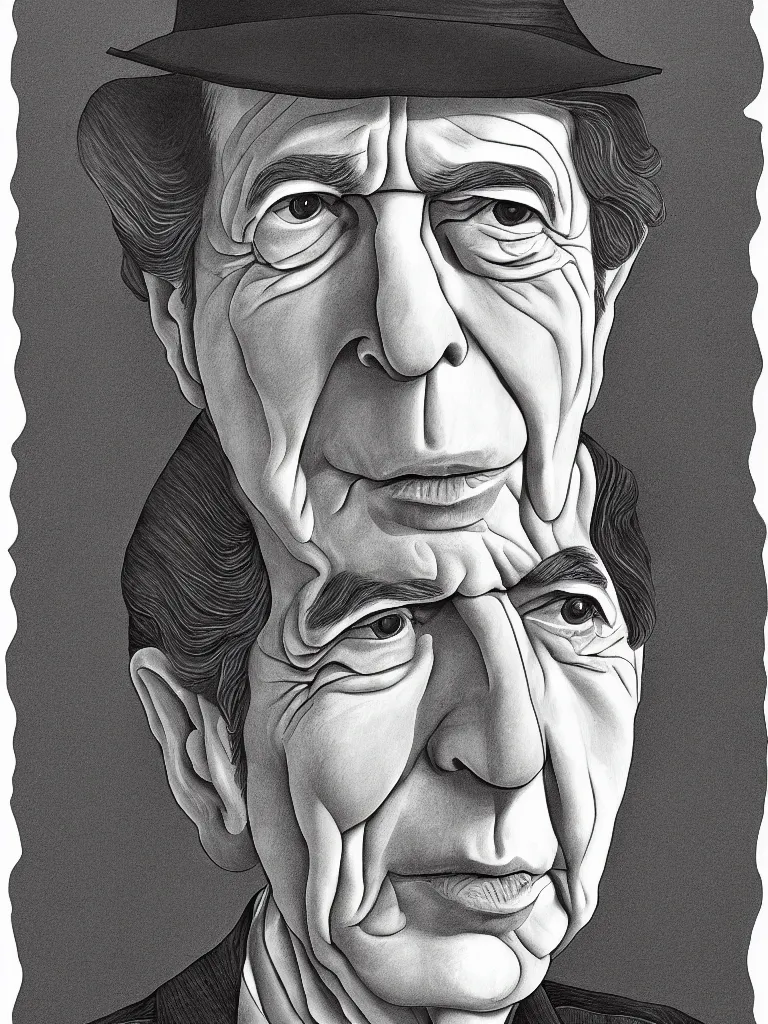 Image similar to detailed line art portrait of leonard cohen. caricatural, minimalist, bold contour lines, musicality, soft twirls curls and curves, confident personality, raw emotion