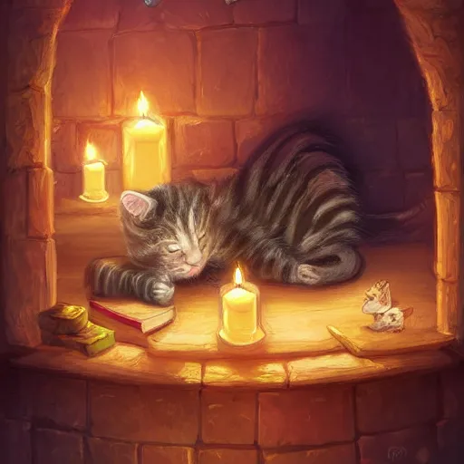 Image similar to beautiful fantasy illustration of an adorable kitten sleeping on the counter of a potion shop. candles, books. by andreas rocha and marc simonetti, trending on artstation 8k hq