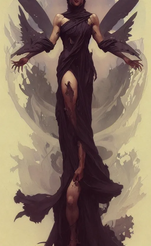 Image similar to a beautiful painting of a dark death goddess, face, full body, by greg rutkowski and artgerm and alphonse mucha, trending on artstation