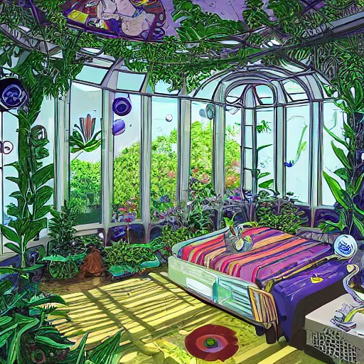 Prompt: Interior of a bedroom on a spaceship, in the background is large window showing a view of outer space, lush plants are spread around the room, intricate, elegant, highly detailed, smooth, sharp focus, detailed face, colourful, high contrast, graphic novel, art by Michael Choi,