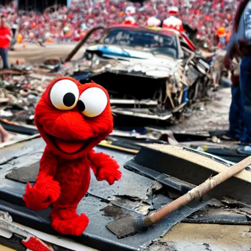 Image similar to elmo at a demolition derby