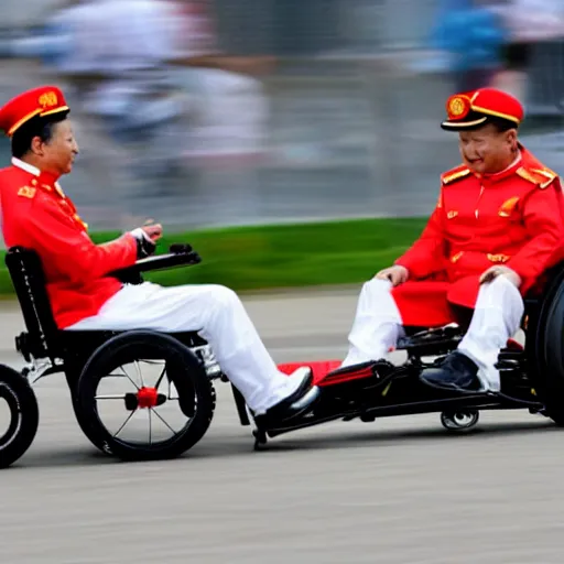 Image similar to xi jinping in a wheelchair racing formula 1 track