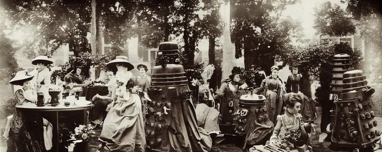 Prompt: Daleks attending a Victorian sepia photo of a tea party.