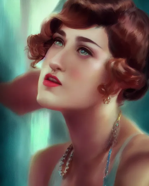 Prompt: artgerm and wlop realist close portrait digital painting of a 1 9 2 0 s beautiful woman at a party in a mansion, strong contrast, unreal engine, hyper realism, realistic shading, cinematic composition, realistic render, octane render, detailed textures, photorealistic, ultrawide shot, 3 5 mm film