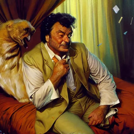 Prompt: peter falk as columbo is in his bed, nervous and terrified, because rip taylor is throwing confetti from a bucket at him. highly detailed painting by gaston bussiere, j. c. leyendecker, greg rutkowski, craig mullins 8 k
