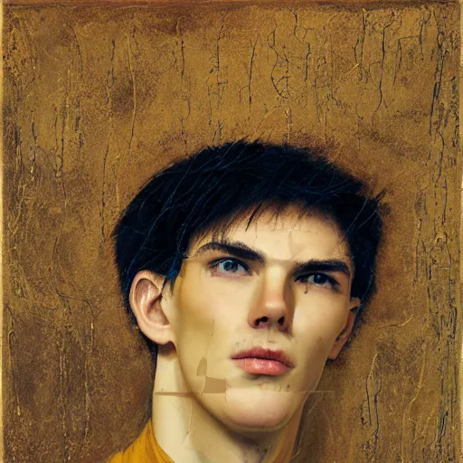 Prompt: a long shot portrait of tall, slender 20 year old man with golden scars, sci-fi, digital art, klimt, kintsugi, sharp-jaw, long brown hair, long-arms