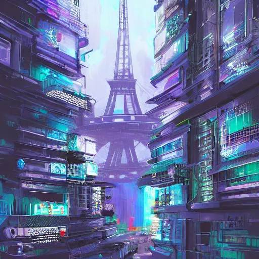 Prompt: a view on a futuristic cyberpunk paris, digital painting