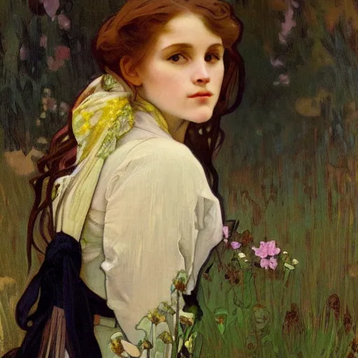 Image similar to a beautiful painting of a young girl in the scottish highlands, underexposed and overcast, by alphonse mucha, john sargent, and octane.