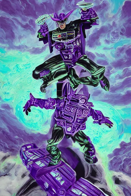 Image similar to portrait of cowboy johnny cash as purple green optimus prime power ranger from transformers surfing tonic stimulant fluids on air guitar zord UFO hoverboard, intricate, highly detailed, smooth, artstation, digital illustration by Lisa Frank and Ruan Jia and Mandy Jurgens and Artgerm and Wayne Barlowe and Greg Rutkowski and Zdislav Beksinski