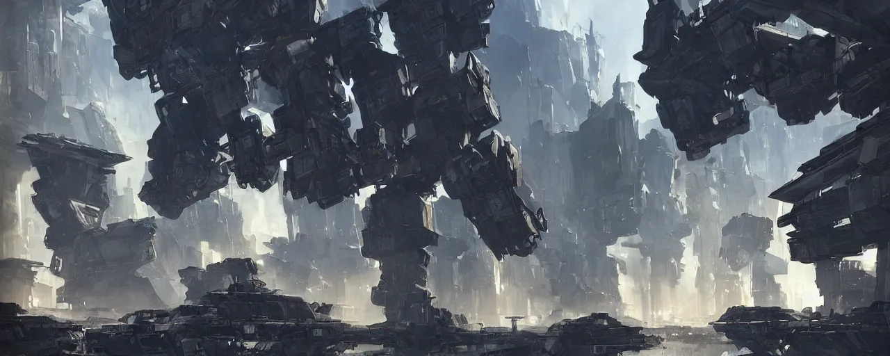 Image similar to armored core mechas battle between gigantic concrete buildings, concept art by theo prins, volumetric light, smoke