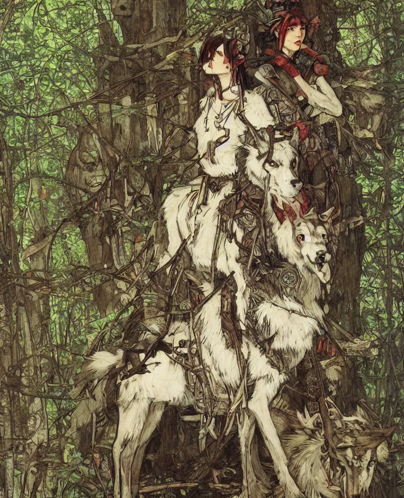 Image similar to portrait of Princess Mononoke, wolves, fully clothed in armor, lush forest, neon, concept art, schematics, painted by norman rockwell, mucha, james gurney, high detail, denoised, sharp, architectural