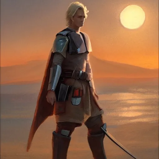 Image similar to a young blonde male jedi with short hair standing still looking at the sunset concept art by Doug Chiang cinematic, realistic painting, high definition, concept art, the Mandalorian concept art style