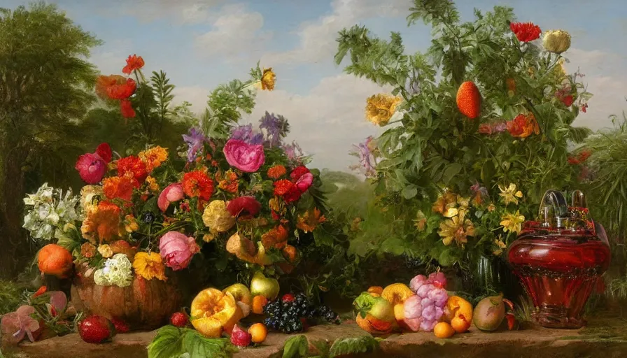 Prompt: perfume bottle in a garden of glorious bounty of summer fruits and flowers, by william mason brown