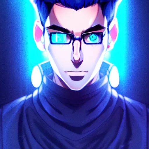 Prompt: a highly detailed portrait of a man with navy blue hair and blue glowing eyes, summoning blue transparent cubes, high detail clothing, concept art, anime, artstation, professional drawing