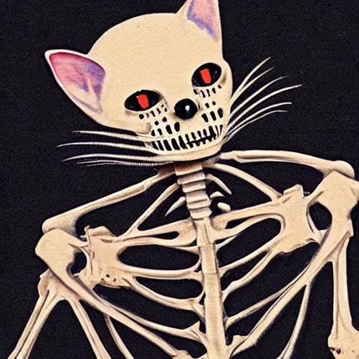 Image similar to A humanoid cat skeleton with red eyes is partying while drunk, photorealistic, polaroid