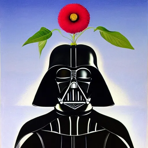 Image similar to portrait of darth vader smelling a flower, painting by rene magritte, high detail, high resolution