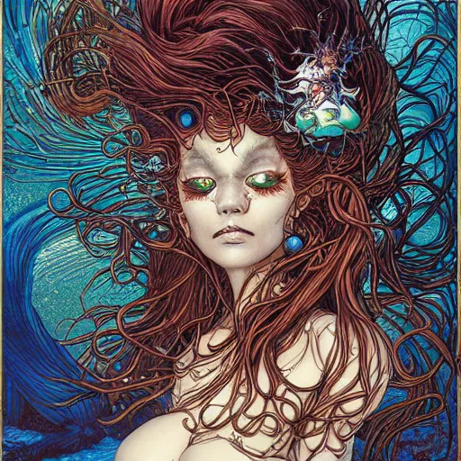 Image similar to portrait of crazy mermaid, symmetrical, by yoichi hatakenaka, masamune shirow, josan gonzales and dan mumford, ayami kojima, takato yamamoto, barclay shaw, karol bak, yukito kishiro