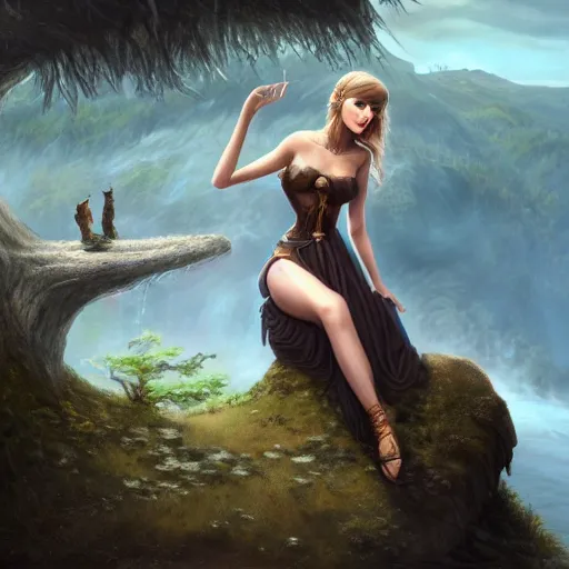 Image similar to alluring illustration taylor swift, sitting on the edge of a cliff overlooking a forested valley, clothed in a chesty fantasy outfit, portrait, 8k resolution matte fantasy painting, cinematic lighting, DeviantArt, Artstation, Jason Felix Steve Argyle Tyler Jacobson Peter Mohrbacher