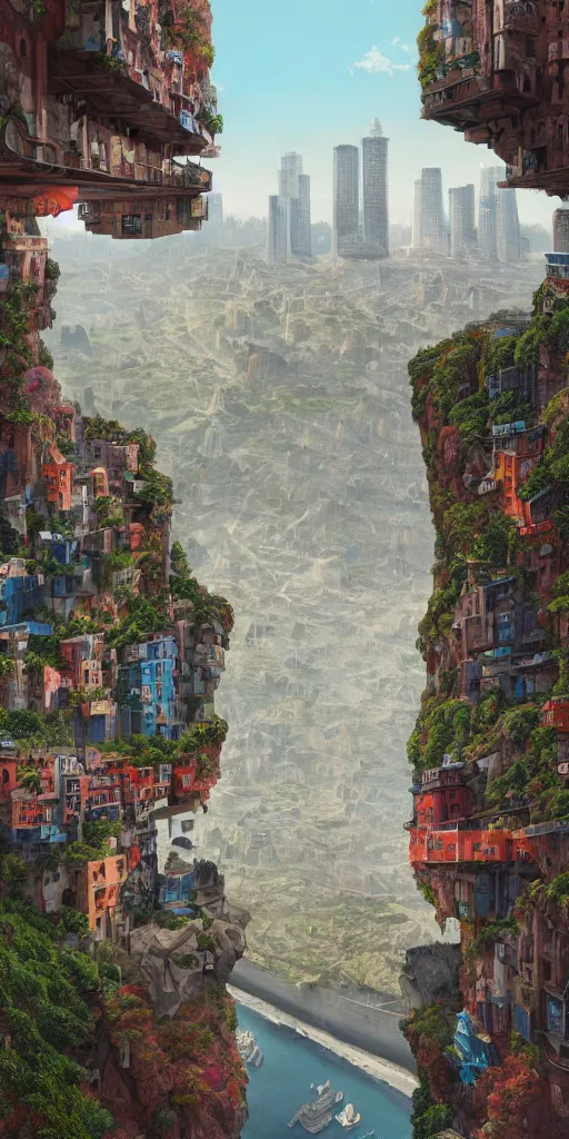 Image similar to a painting of a city built into the side of a cliff, a detailed matte painting by chris labrooy and wes anderson, cgsociety, fantastic realism, matte painting, terragen, artstation hq