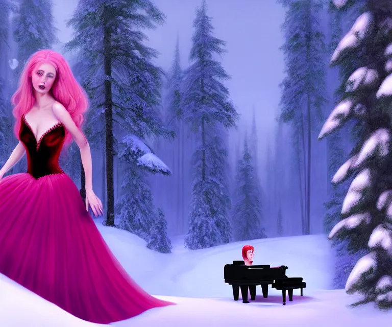 Image similar to a photorealistic rendering of a beautiful face gothic girl, pink hair in a stunning red dress playing a piano in the dark snowy forest by randolph stanley hewton, cg society contest winner, matte painting